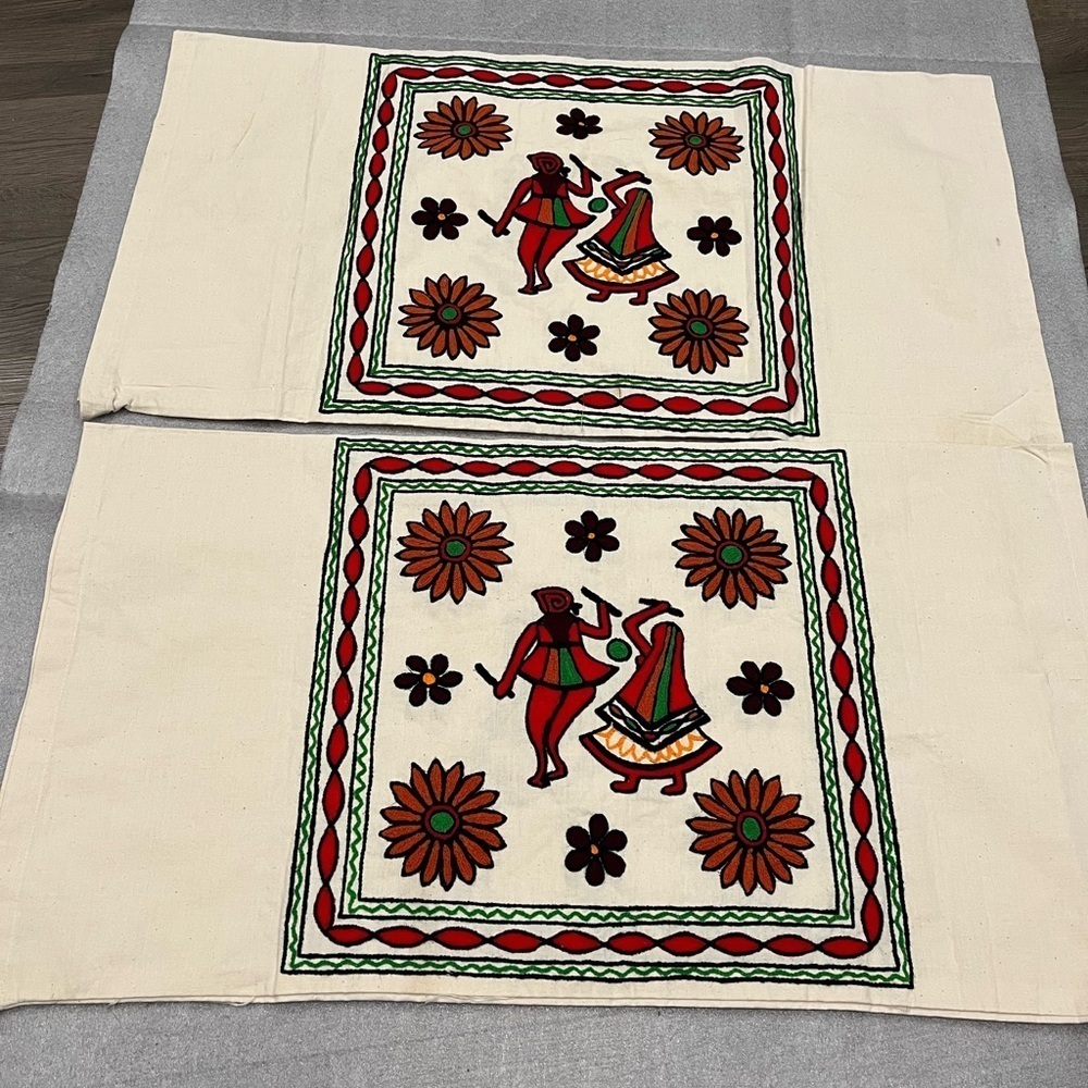 Ethnic India Dance Themed Embroidered Pillow Case Cushion Covers-Set of 2 - Picture 1 of 8